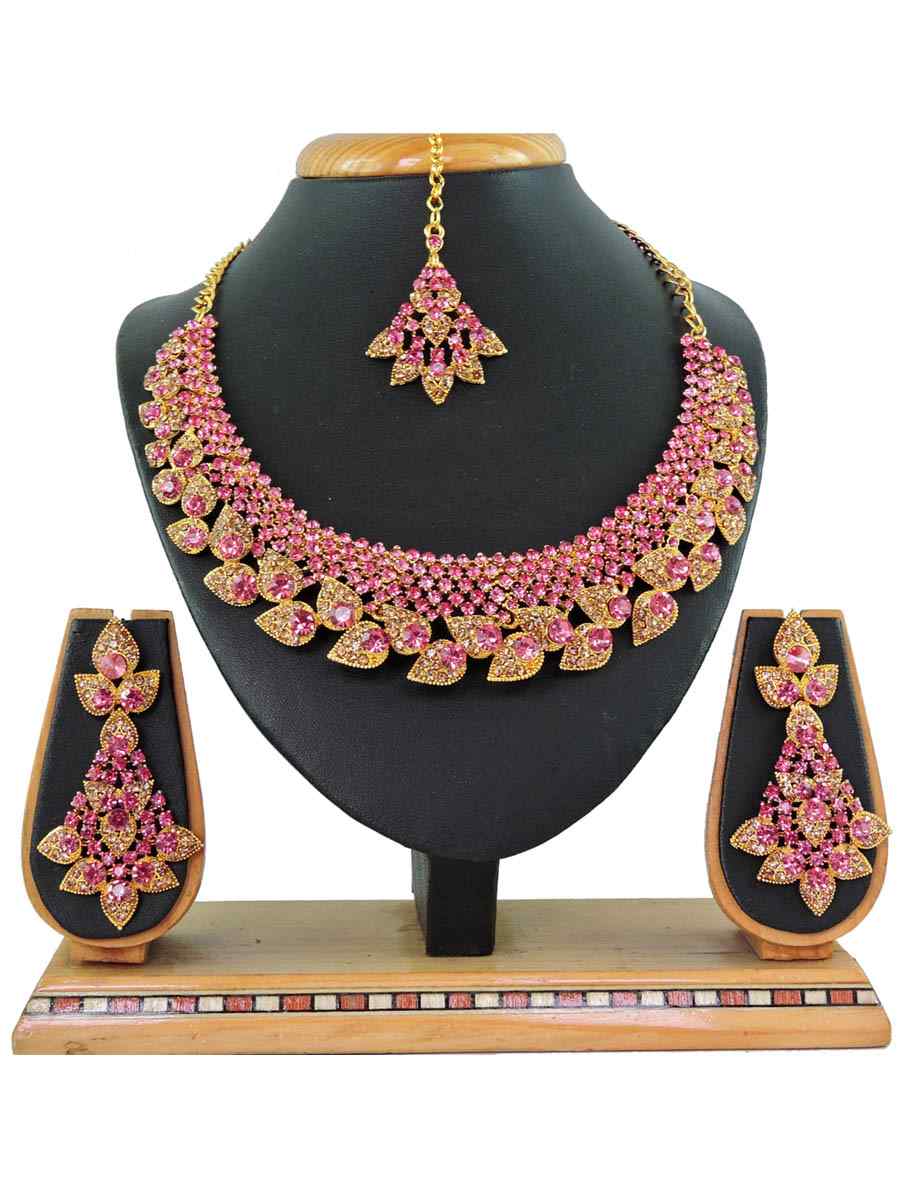 Pink Alloy Festival Wear Diamonds Necklace