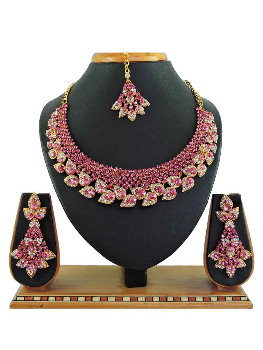 Pink Alloy Festival Wear Diamonds Necklace