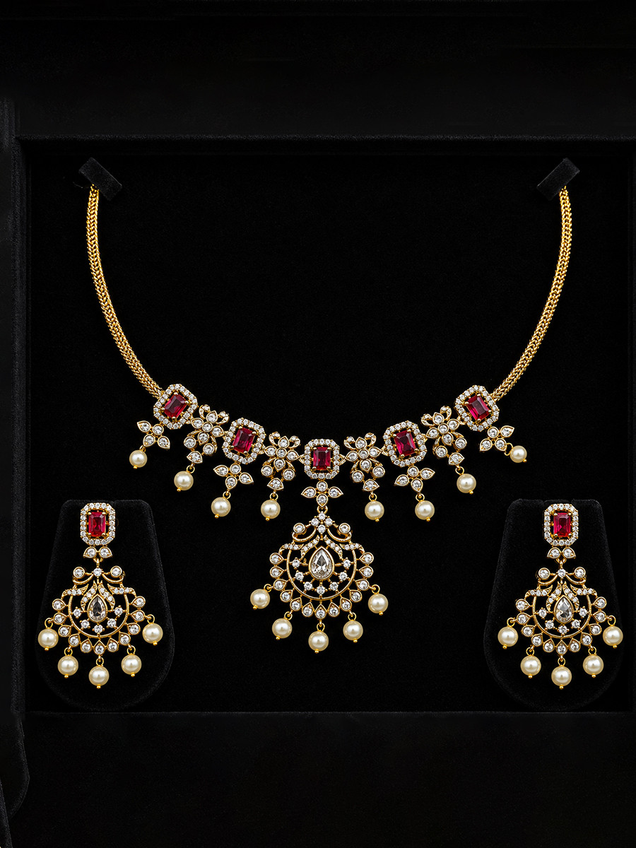 Pink Alloy Gemstone Pearls Festival Party Wedding Necklace