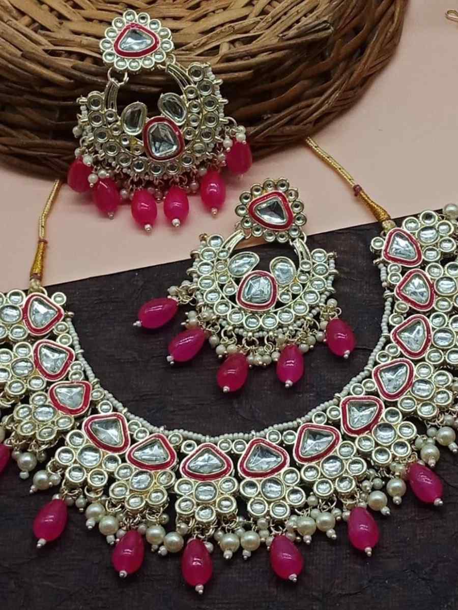 Pink Alloy Metal Festival Wear Kundan Necklace
