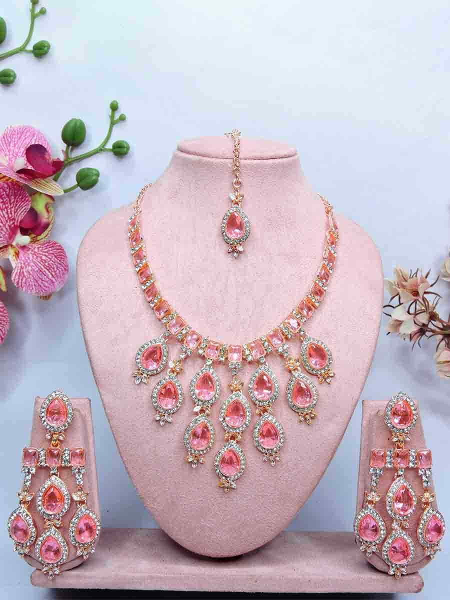 Pink Alloy Metal Festival Wear Kundan Necklace