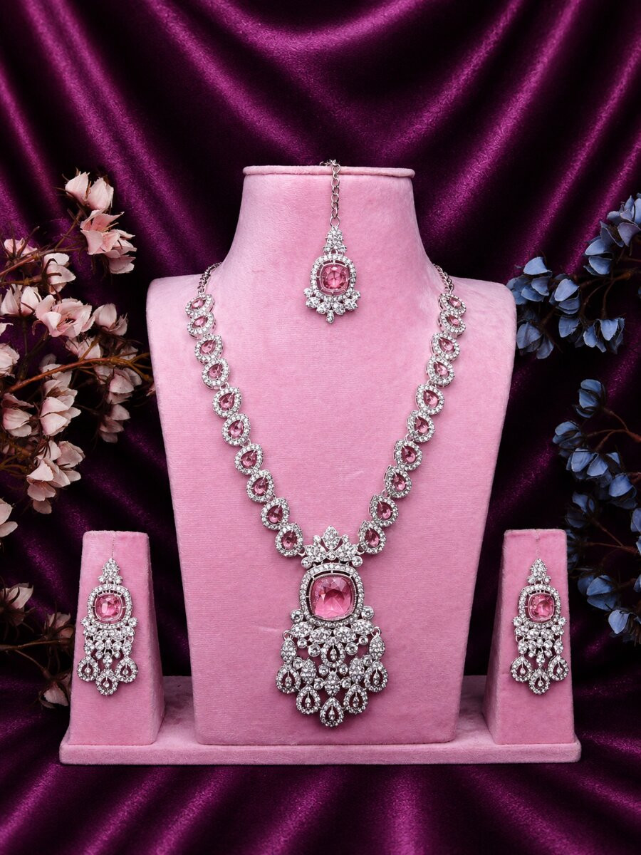 Pink Alloy Metal Gemstone Festival Party Wedding Necklace
