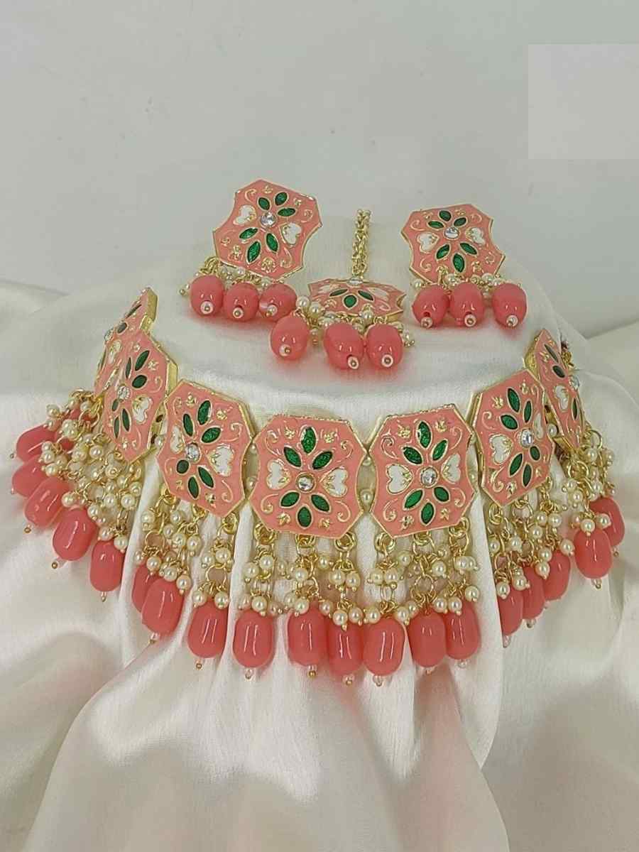 Pink Alloy Traditional Wear Meenakari Necklace