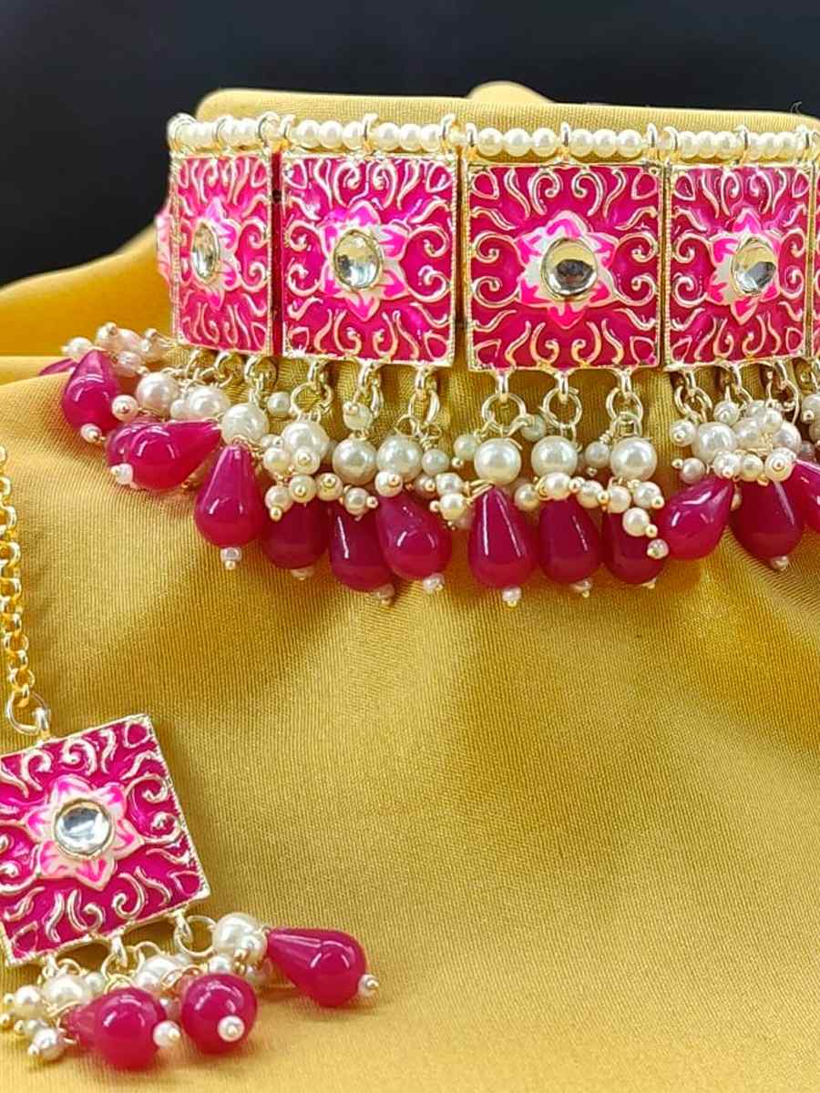 Pink Alloy Traditional Wear Meenakari Necklace