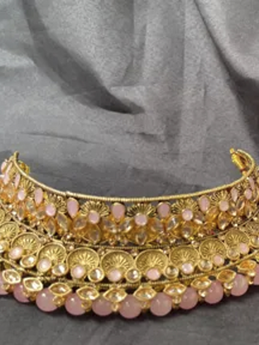 Pink Alloy Wedding Wear Kundan Necklace