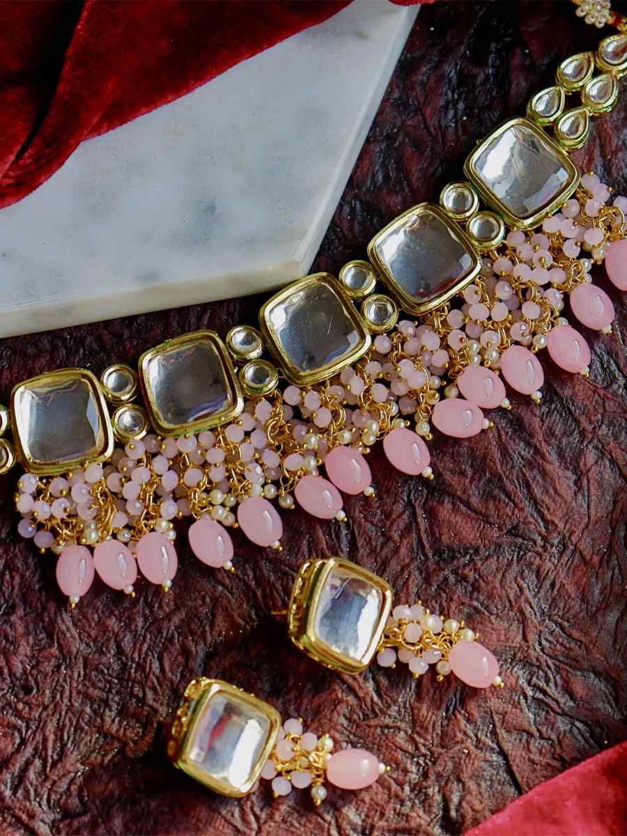 Pink Alloy Wedding Wear Kundan Necklace