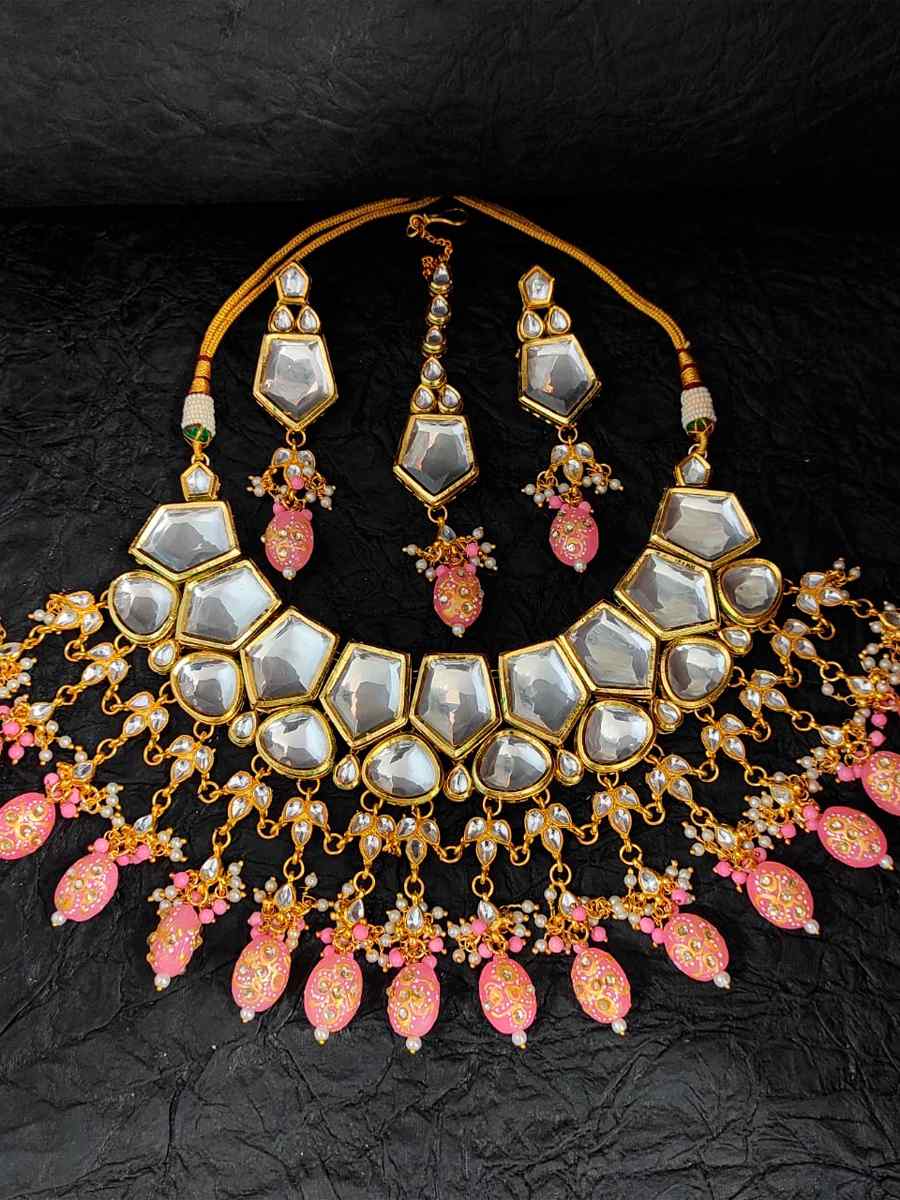 Pink Alloy Wedding Wear Kundan Necklace