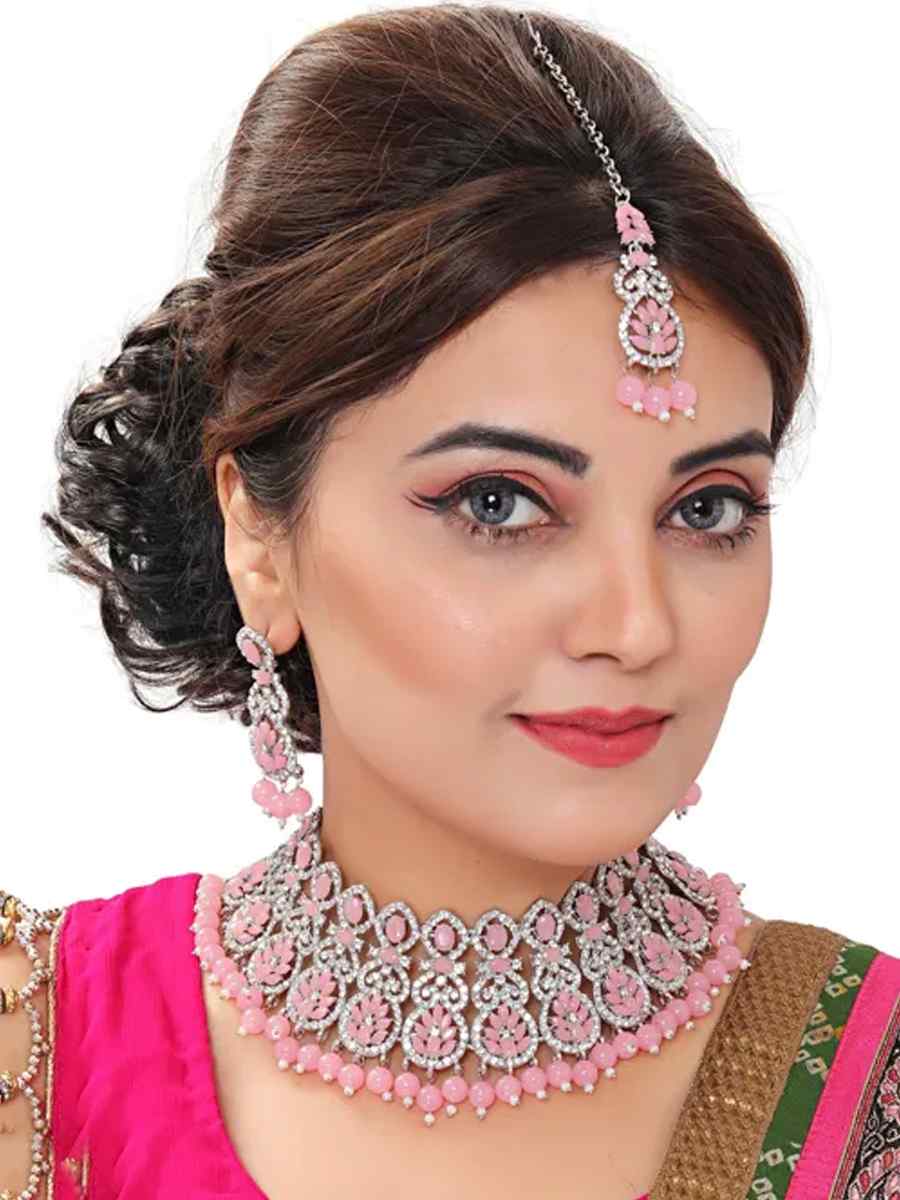 Pink Alloy Wedding Wear Kundan Necklace