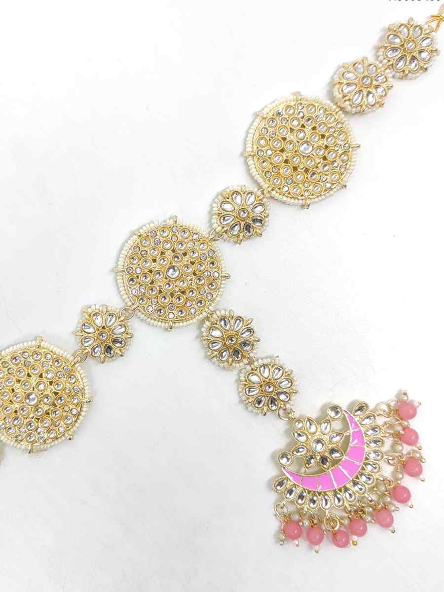 Pink Alloy Wedding Wear Kundan Necklace