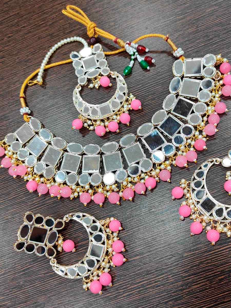 Pink Alloy Wedding Wear Kundan Necklace