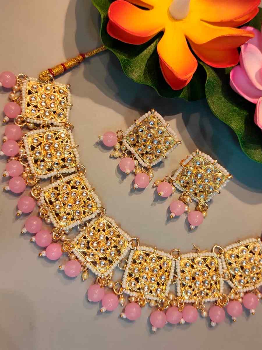 Pink Alloy Wedding Wear Kundan Necklace
