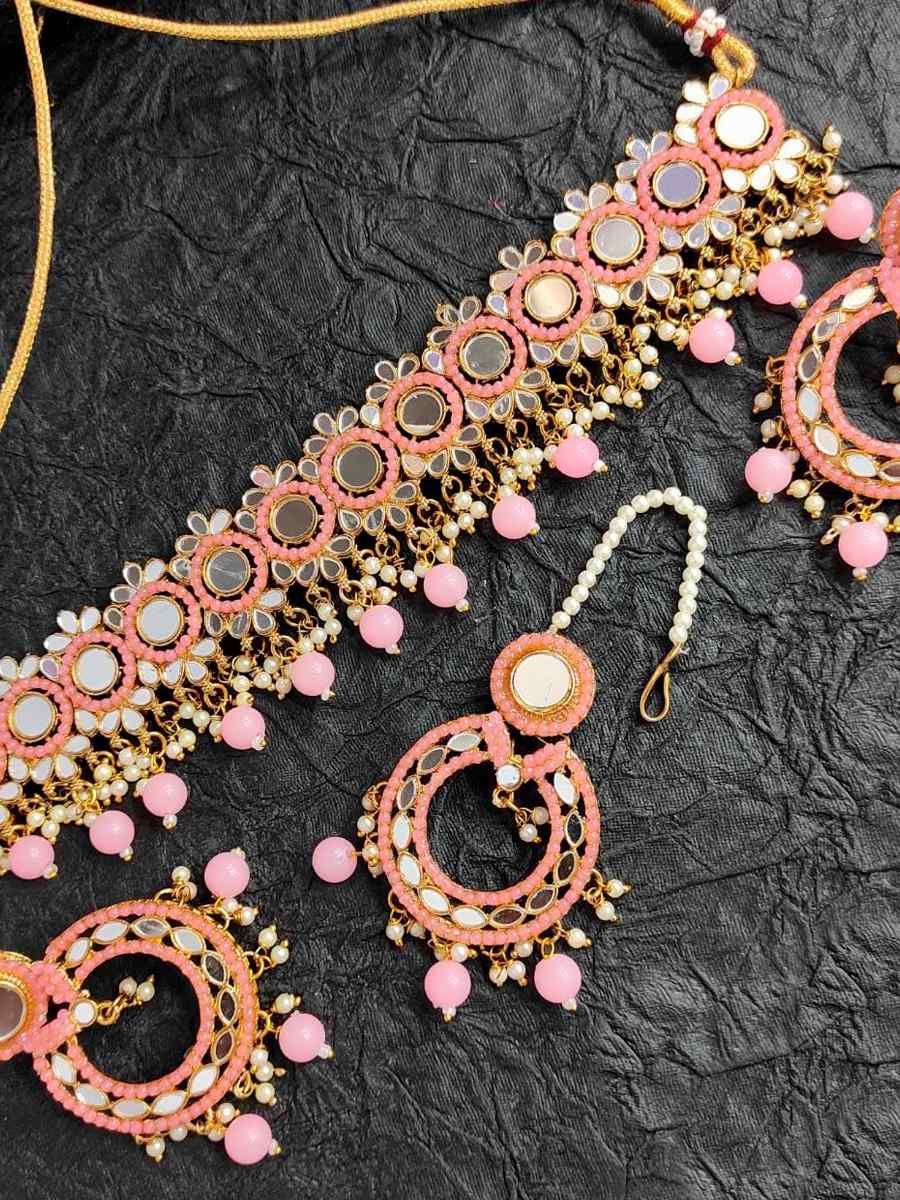 Pink Alloy Wedding Wear Kundan Necklace