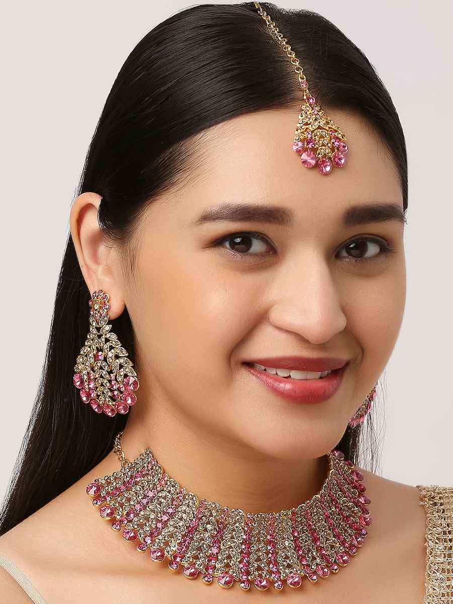 Pink Alloy Wedding Wear Stone Necklace