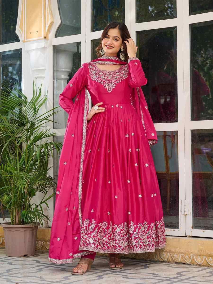 Pink American Silk Embroidered Festival Casual Ready Anarkali Salwar Kameez