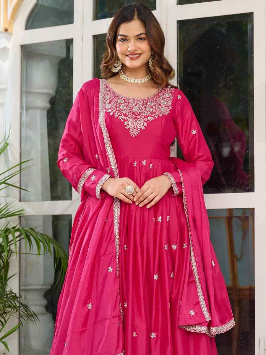 Pink American Silk Embroidered Festival Casual Ready Anarkali Salwar Kameez