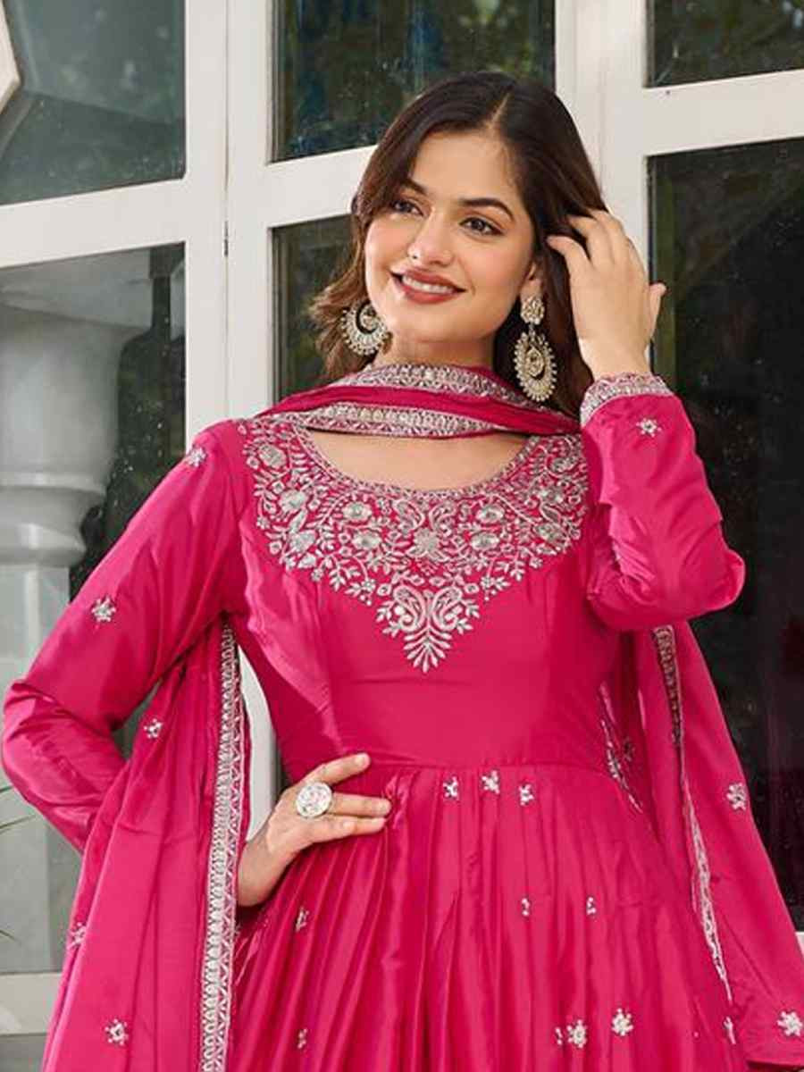 Pink American Silk Embroidered Festival Casual Ready Anarkali Salwar Kameez