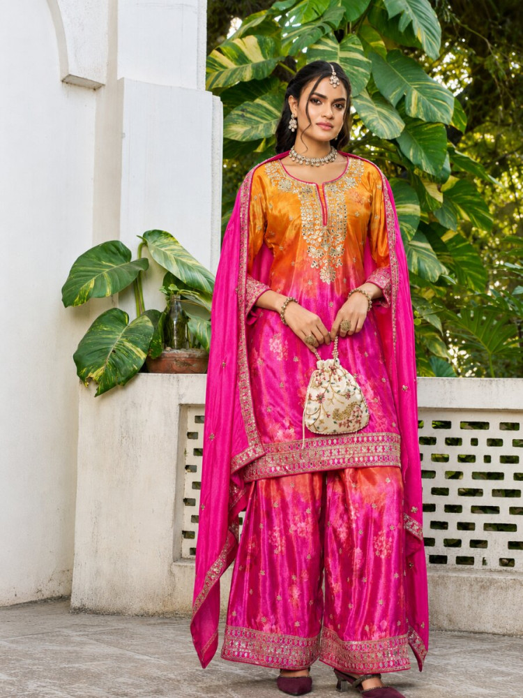 Image of Pink &amp; Magenta Chinon Embroidery Sequins Wedding Party Festival Casual Ready Palazzo Pant Salwar Kameez