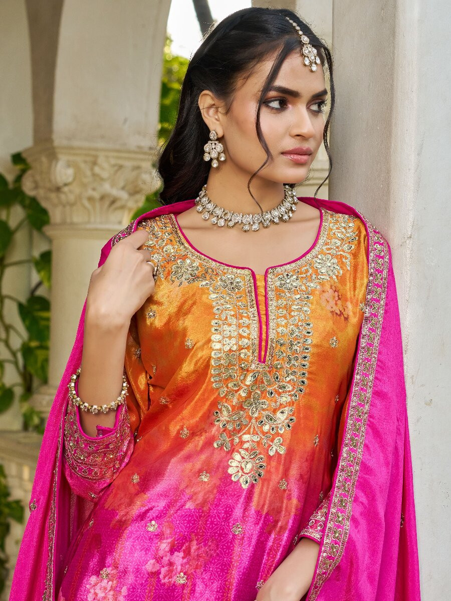 Pink  Magenta Chinon Embroidery Sequins Wedding Party Festival Casual Ready Palazzo Pant Salwar Kameez