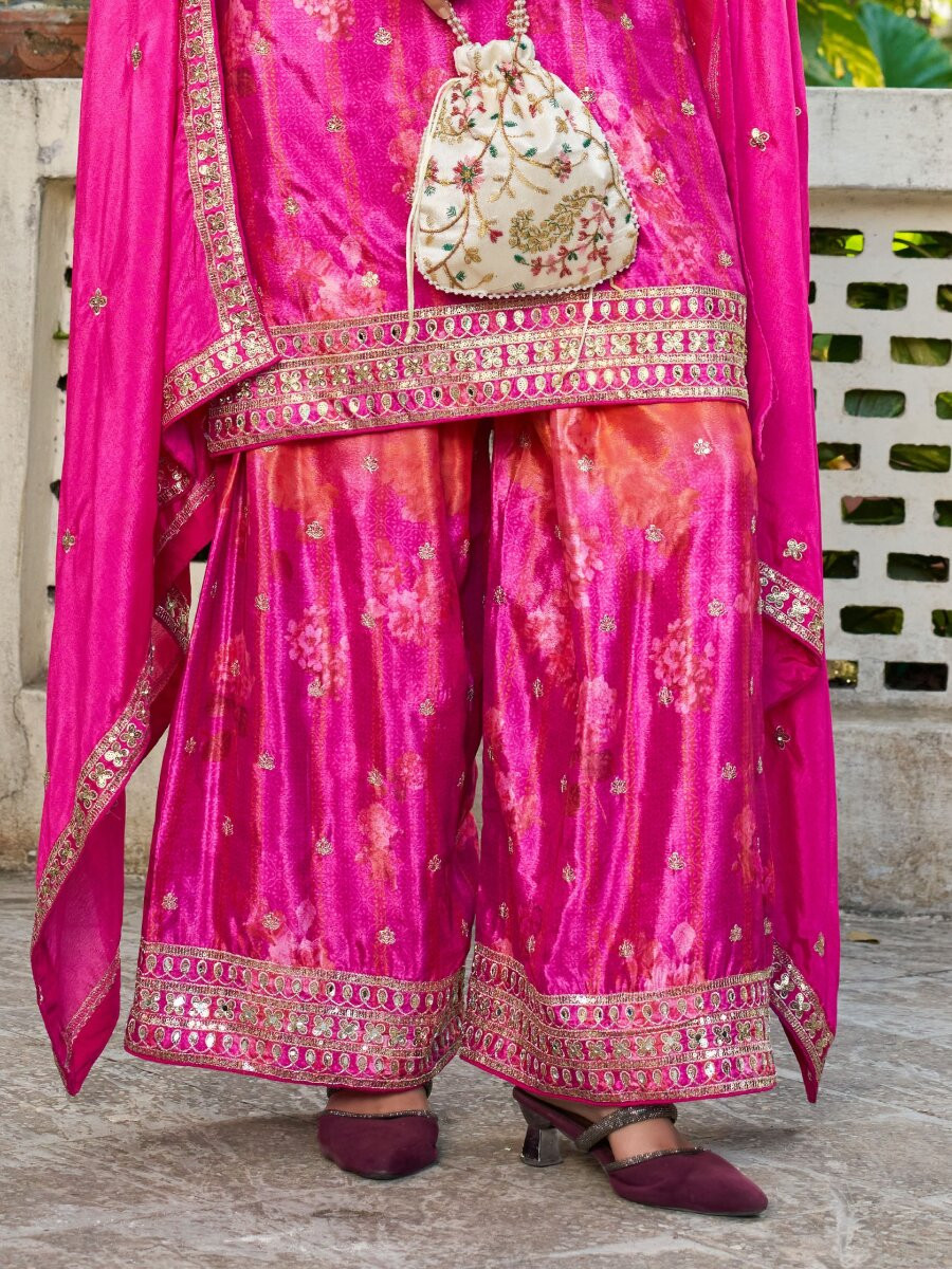 Pink  Magenta Chinon Embroidery Sequins Wedding Party Festival Casual Ready Palazzo Pant Salwar Kameez