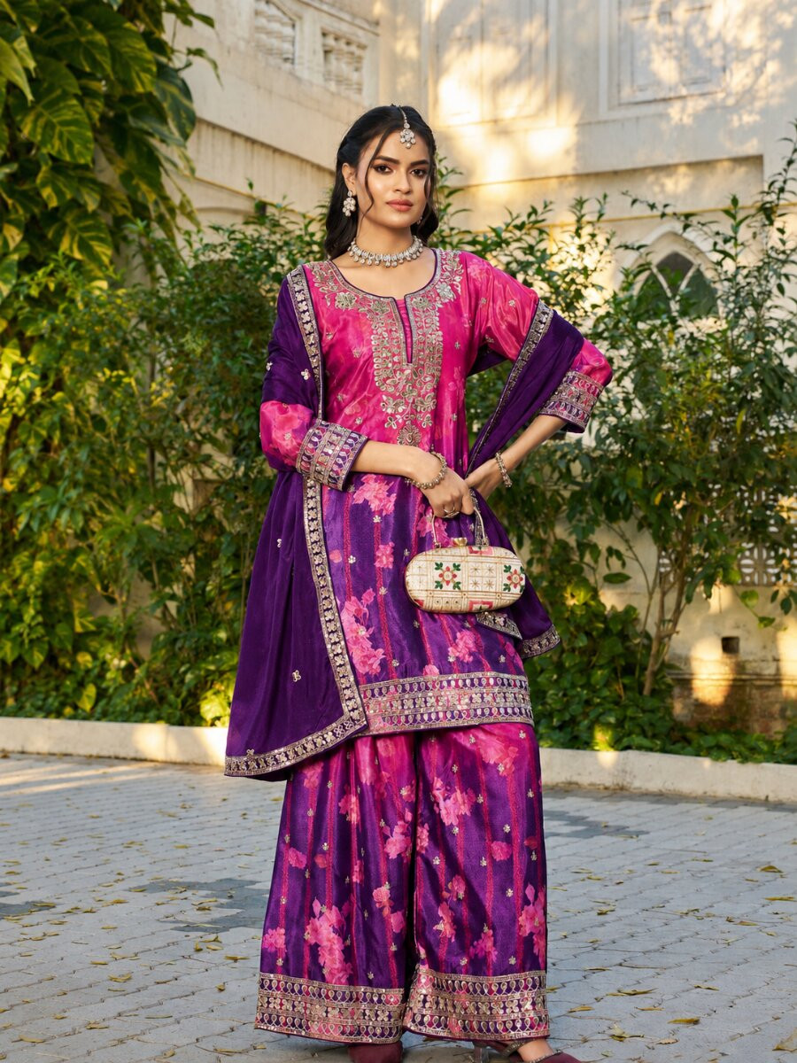 Pink Purple Chinon Embroidery Sequins Wedding Party Festival Casual Ready Palazzo Pant Salwar Kameez