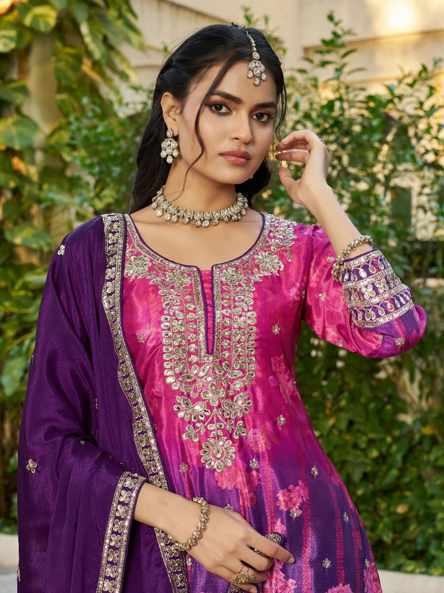Pink Purple Chinon Embroidery Sequins Wedding Party Festival Casual Ready Palazzo Pant Salwar Kameez