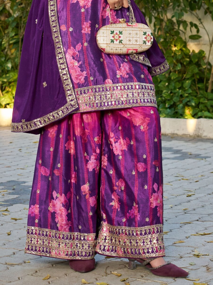 Pink Purple Chinon Embroidery Sequins Wedding Party Festival Casual Ready Palazzo Pant Salwar Kameez