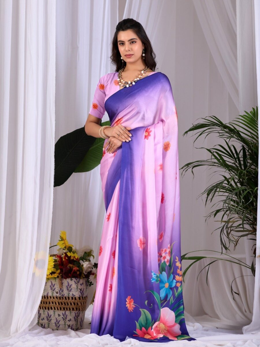 Pink And Blue Satin Georgette Printed Wedding Reception Party Festival Casual Heavy Border Sarees