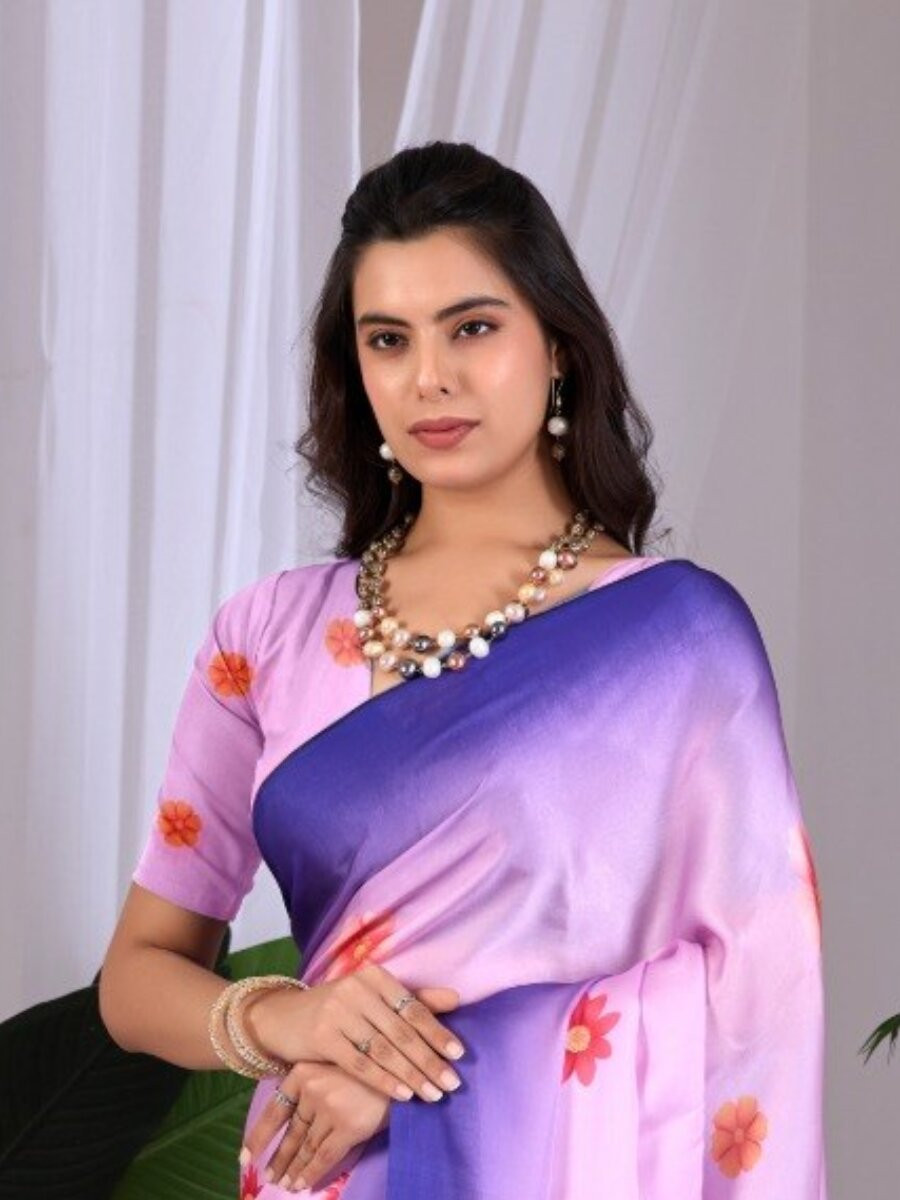 Pink And Blue Satin Georgette Printed Wedding Reception Party Festival Casual Heavy Border Sarees