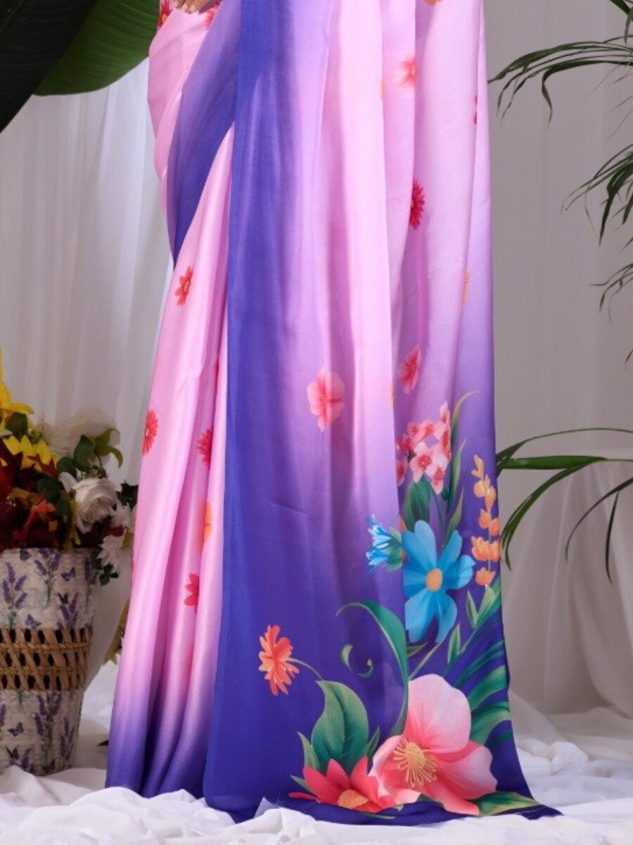 Pink And Blue Satin Georgette Printed Wedding Reception Party Festival Casual Heavy Border Sarees