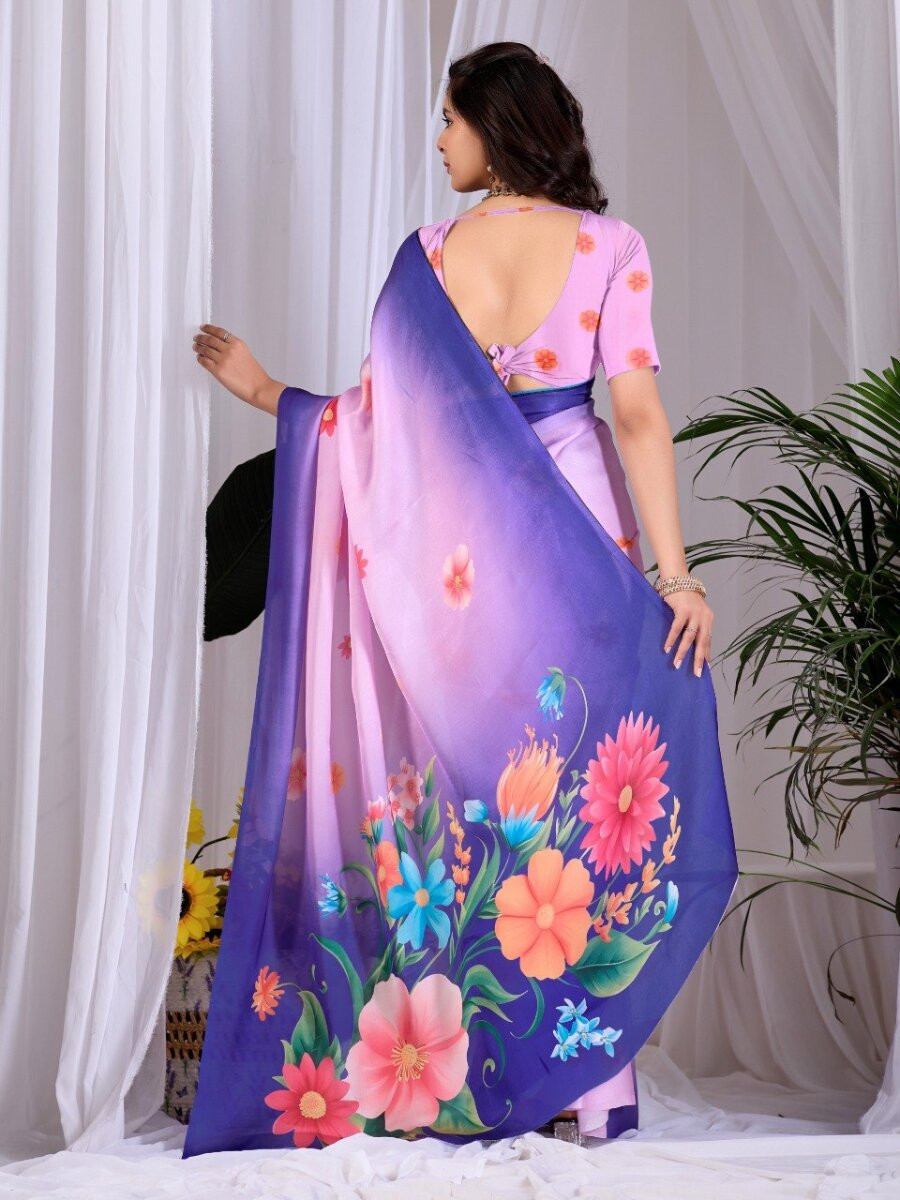 Pink And Blue Satin Georgette Printed Wedding Reception Party Festival Casual Heavy Border Sarees