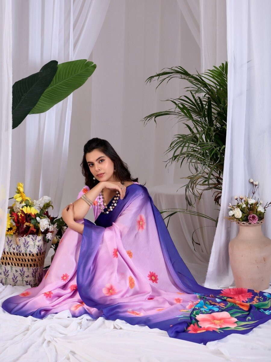 Pink And Blue Satin Georgette Printed Wedding Reception Party Festival Casual Heavy Border Sarees
