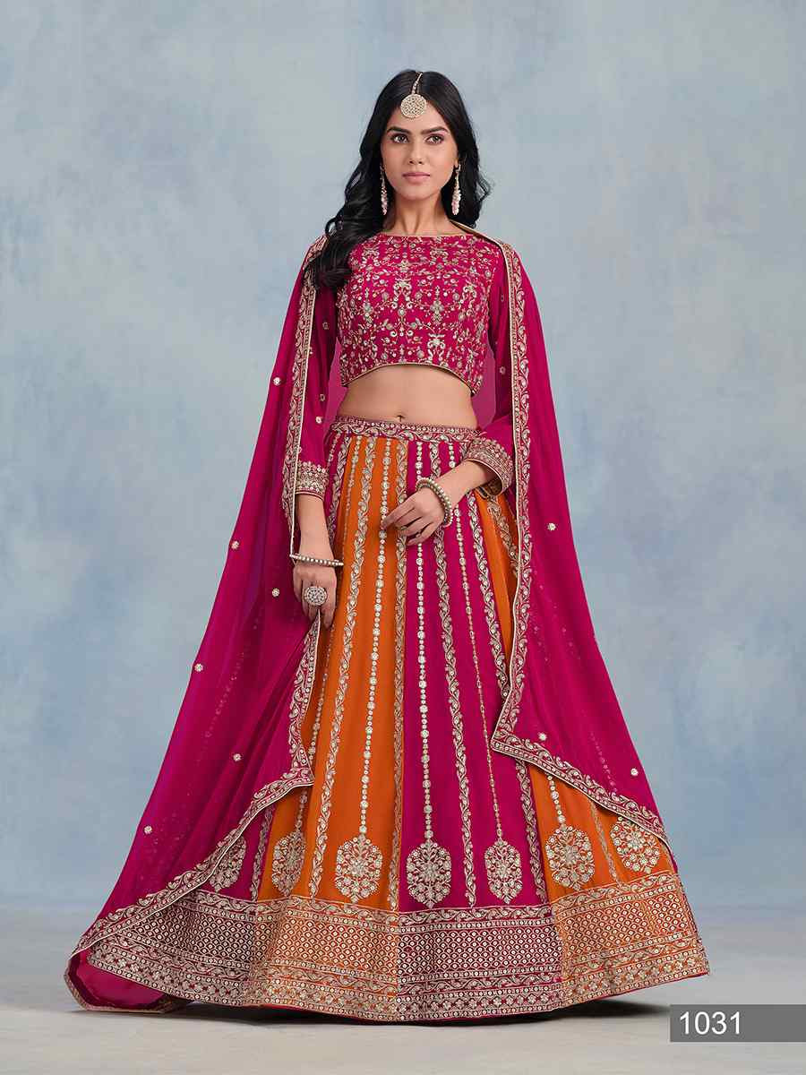 Pink And Orange Faux Georgette Printed And Hand Embroidered Party Reception Wedding Lehenga Choli