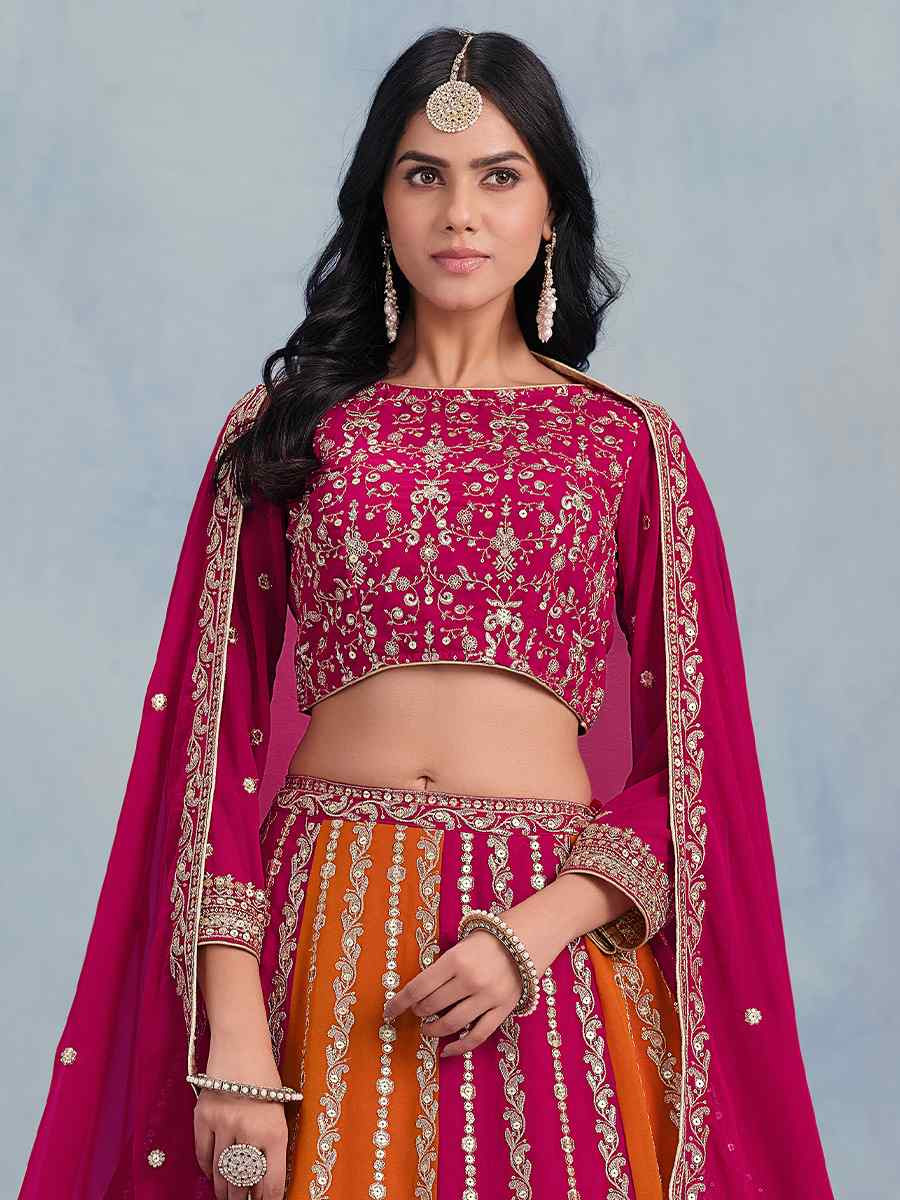 Pink And Orange Faux Georgette Printed And Hand Embroidered Party Reception Wedding Lehenga Choli