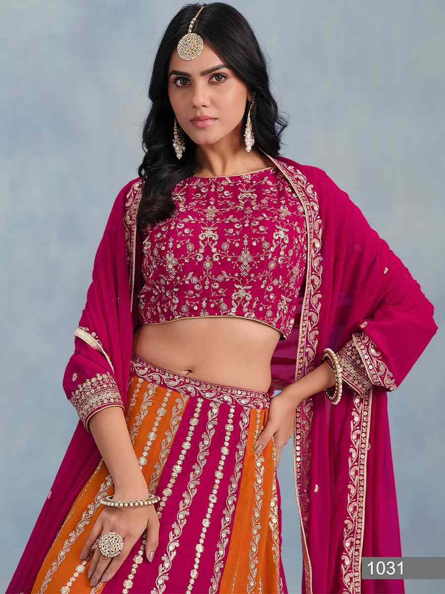 Pink And Orange Faux Georgette Printed And Hand Embroidered Party Reception Wedding Lehenga Choli