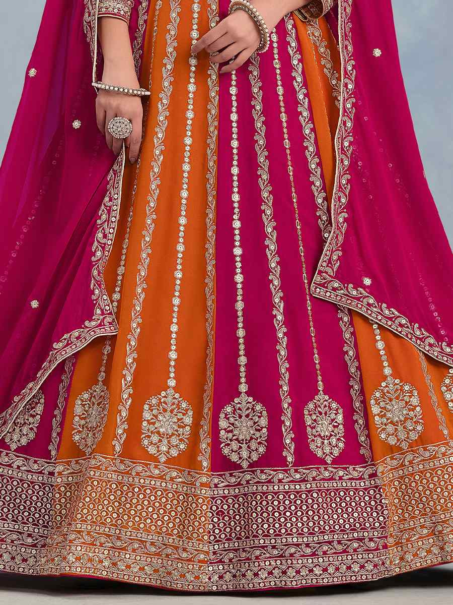 Pink And Orange Faux Georgette Printed And Hand Embroidered Party Reception Wedding Lehenga Choli