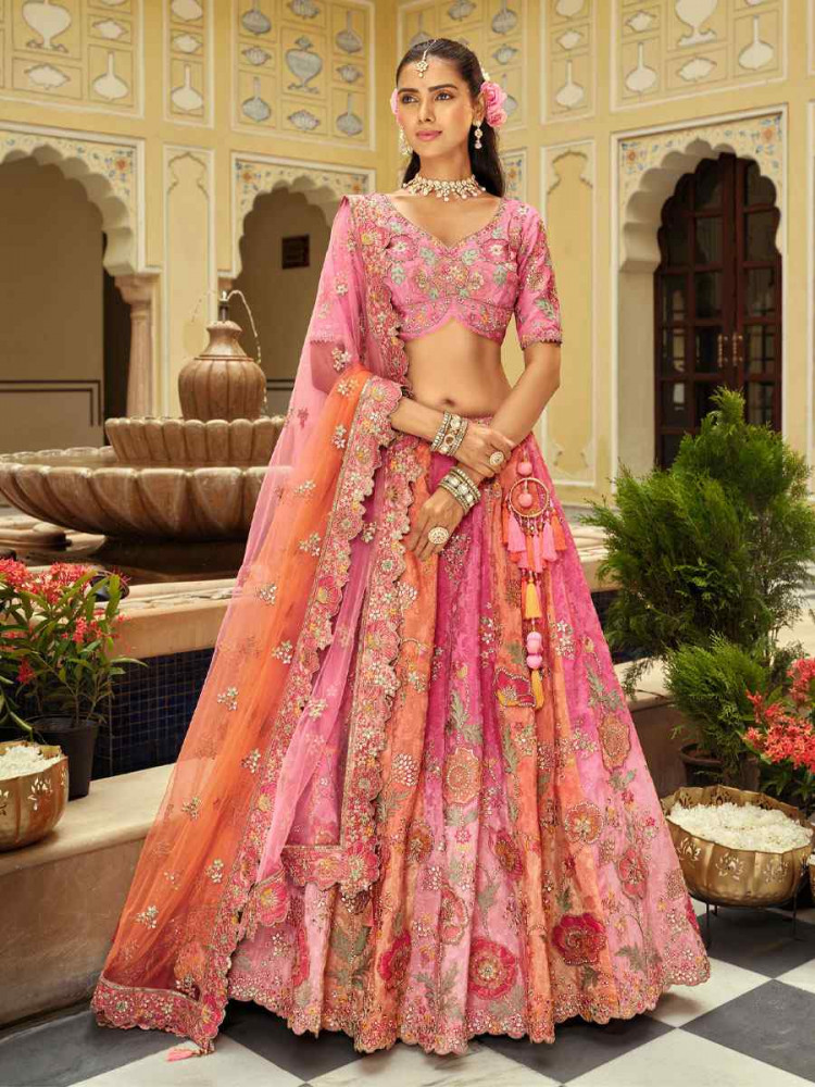 Image of Pink And Peach Heavy Pure Silk Embroidered Wedding Reception Festival Heavy Border Lehenga Choli