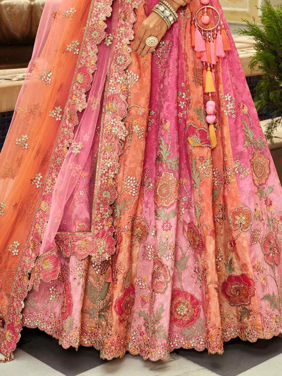 Pink And Peach Heavy Pure Silk Embroidered Wedding Reception Festival Heavy Border Lehenga Choli