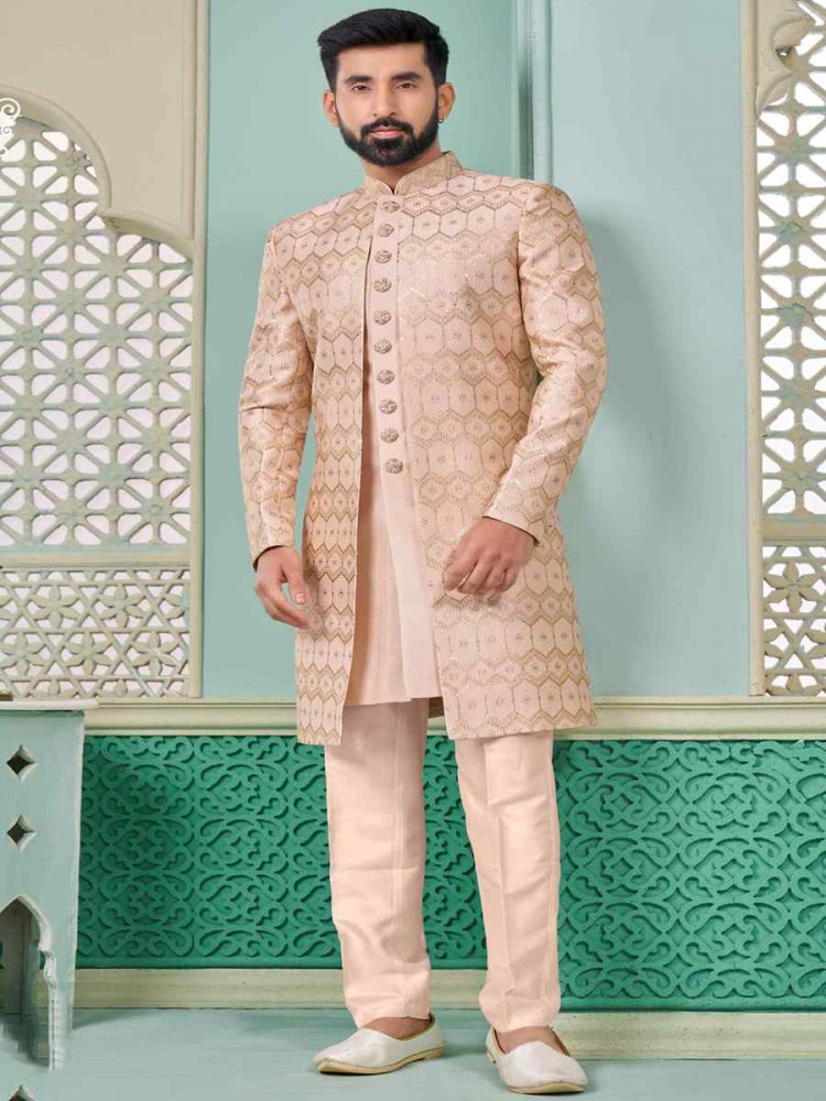 Pink Art Banarasi Silk Embroidered Festival Wedding Sherwani