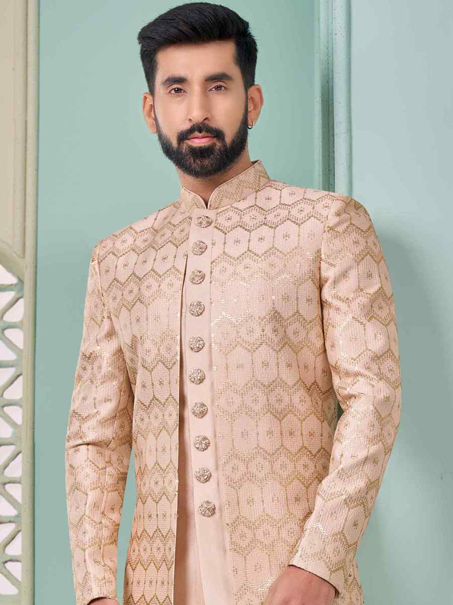 Pink Art Banarasi Silk Embroidered Festival Wedding Sherwani