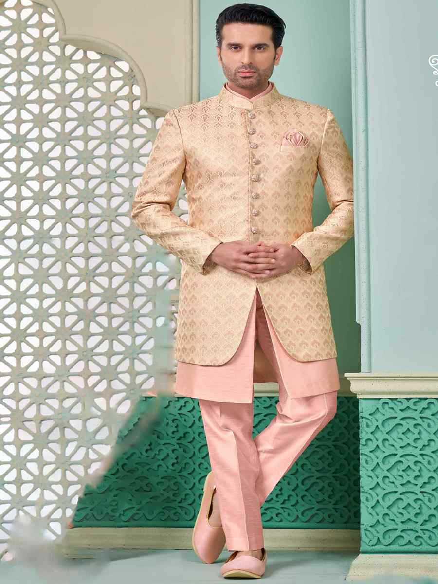 Pink Art Banarasi Silk Embroidered Festival Wedding Sherwani