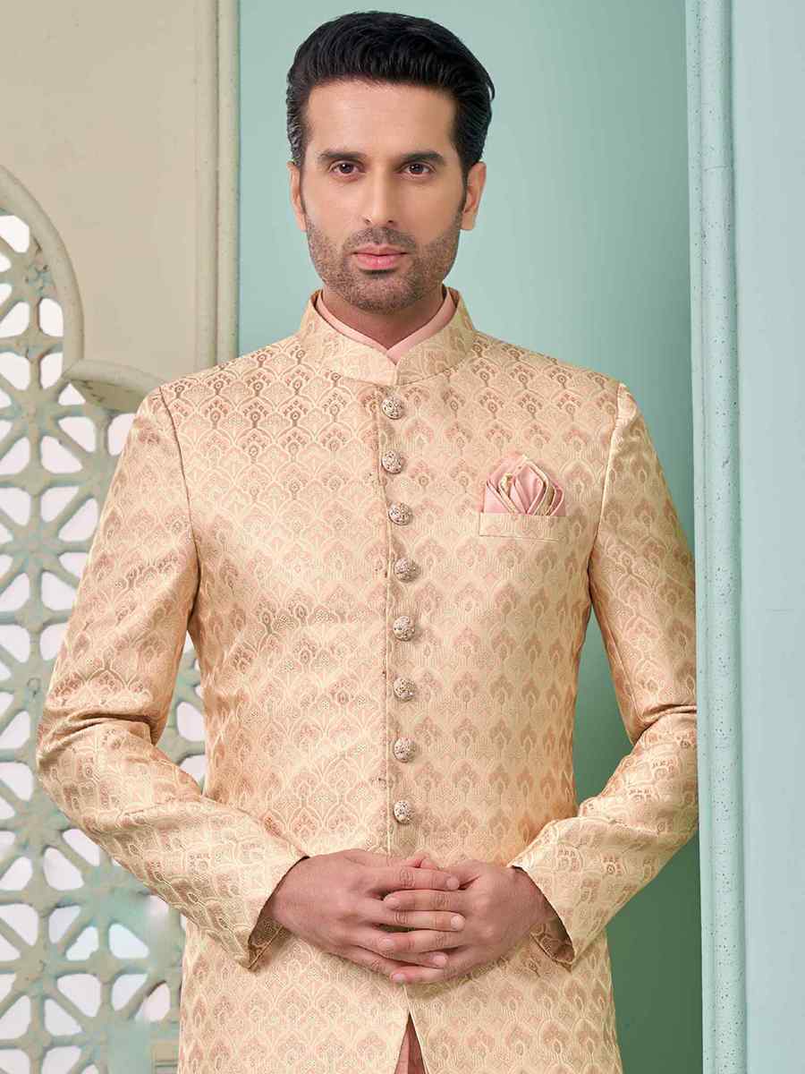 Pink Art Banarasi Silk Embroidered Festival Wedding Sherwani