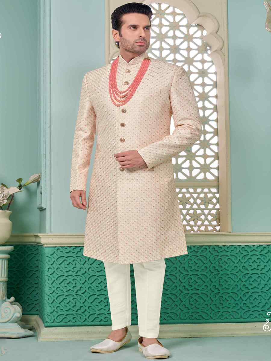 Pink Art Banarasi Silk Embroidered Festival Wedding Sherwani