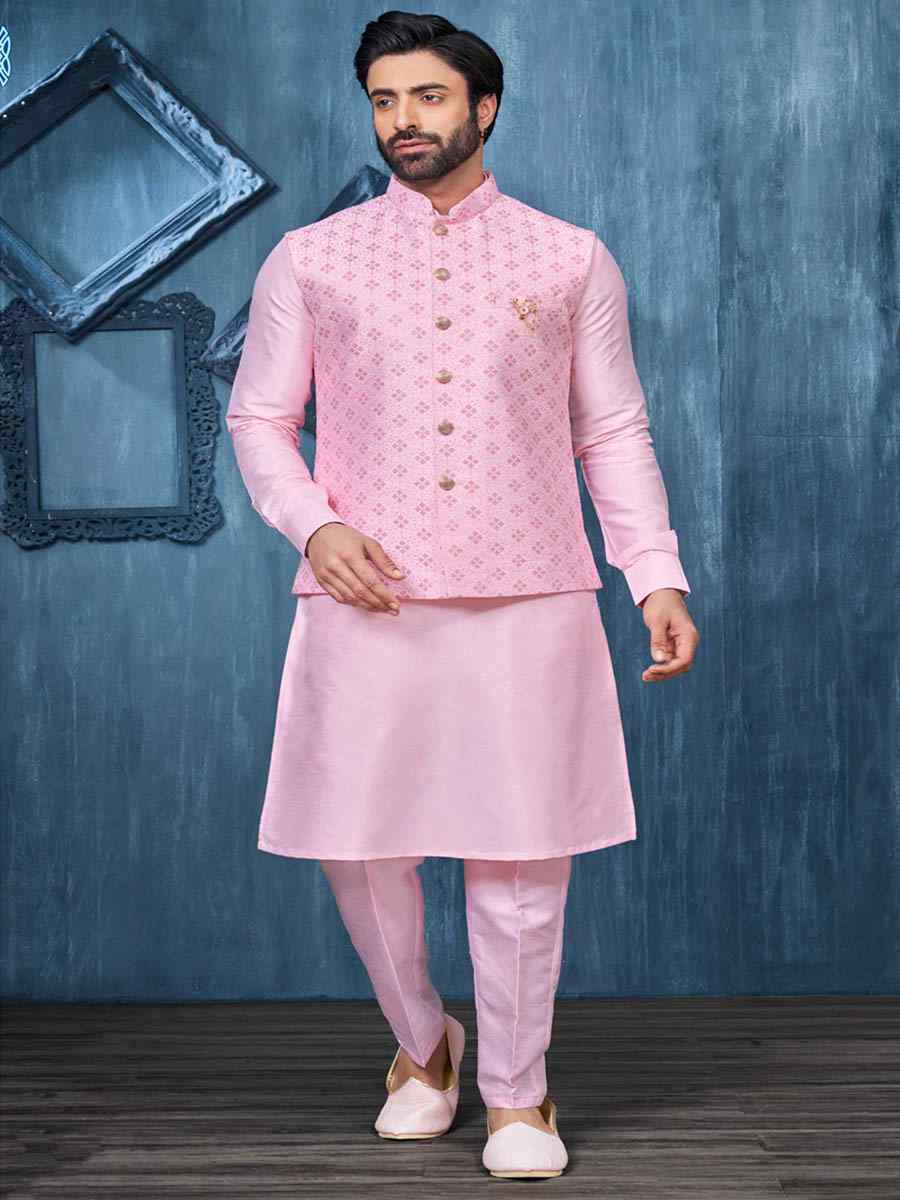 Pink Art Banarasi Silk Woven Festival Wedding Kurta
