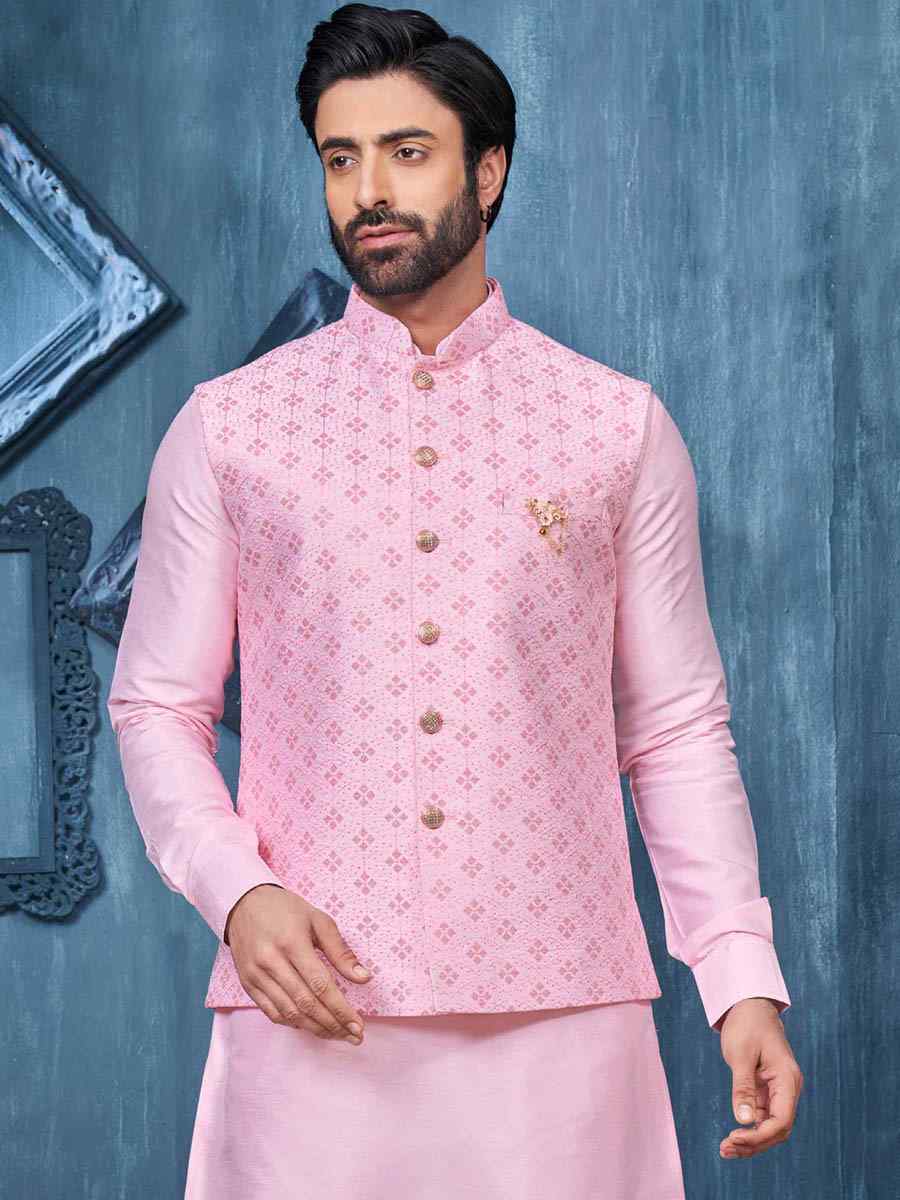 Pink Art Banarasi Silk Woven Festival Wedding Kurta