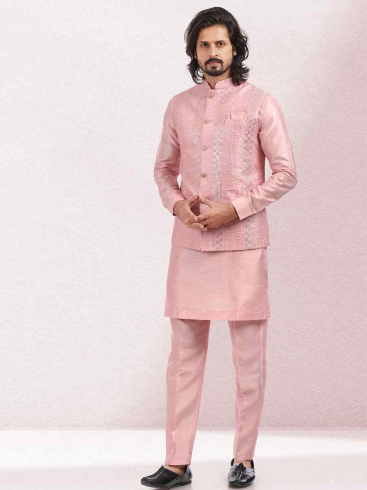 Pink Art Banarasi Silk Woven Festival Wedding Kurta