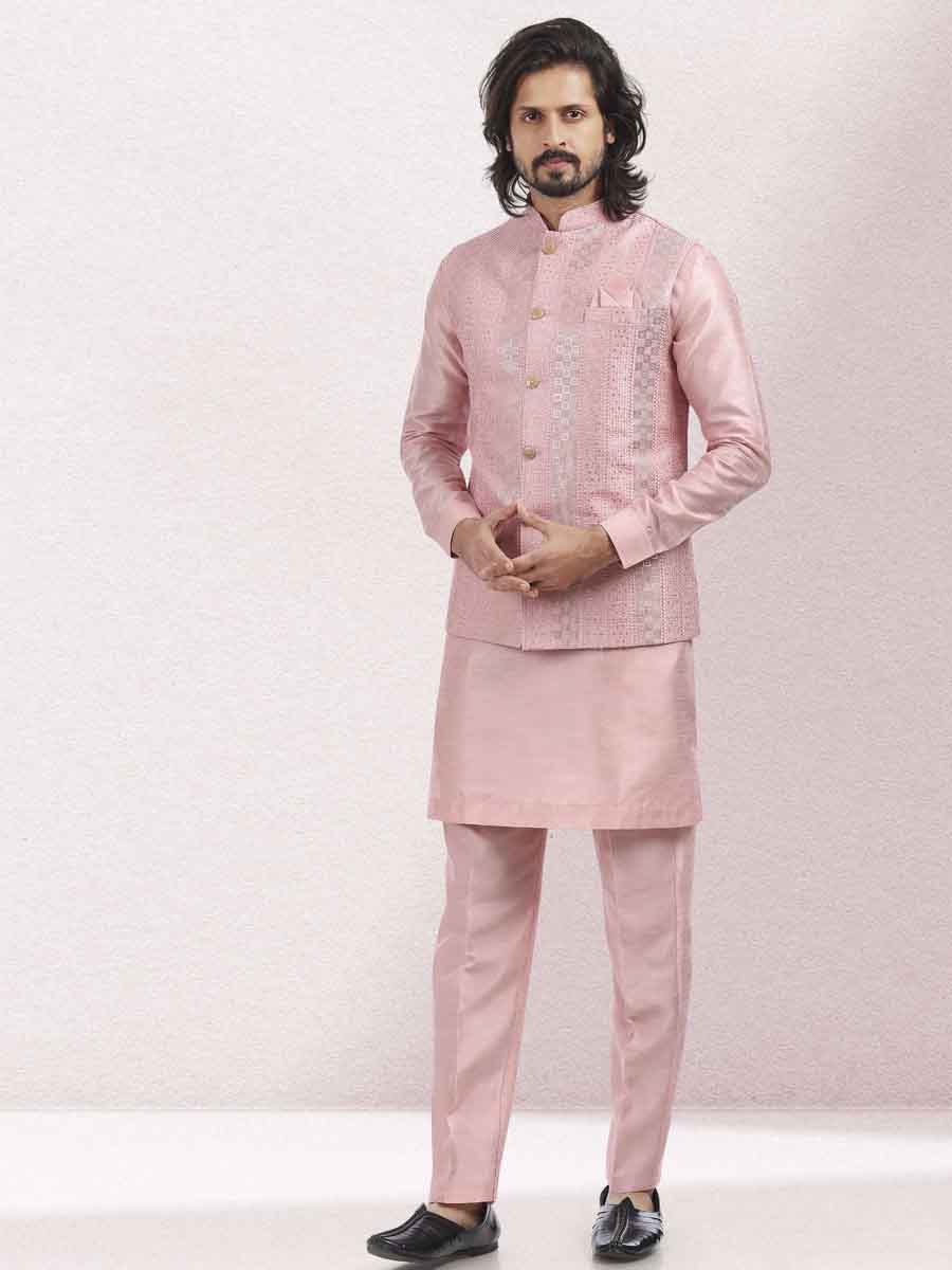 Pink Art Banarasi Silk Woven Festival Wedding Kurta