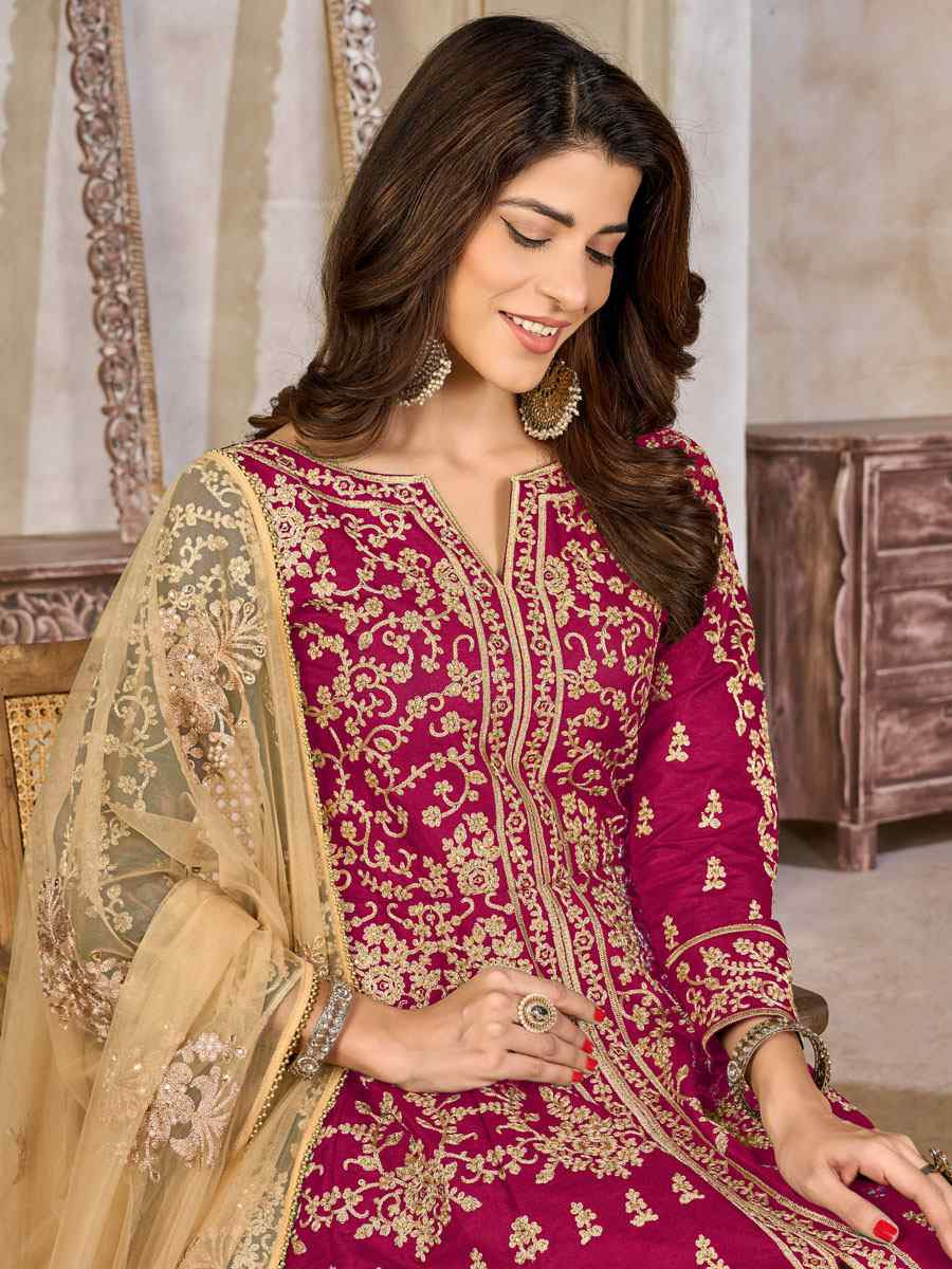 Pink Art Silk  Embroidered Bridal Festival Wedding Lawn Salwar Kameez