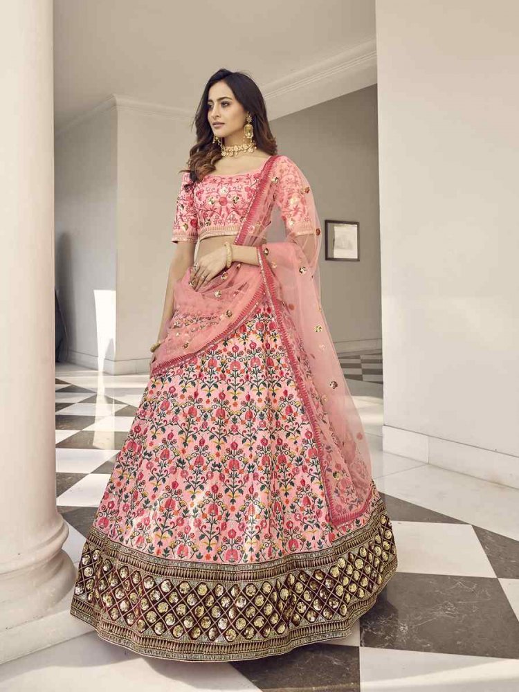 Pink Art Silk Embroidered Bridal Reception Heavy Border Lehenga Choli