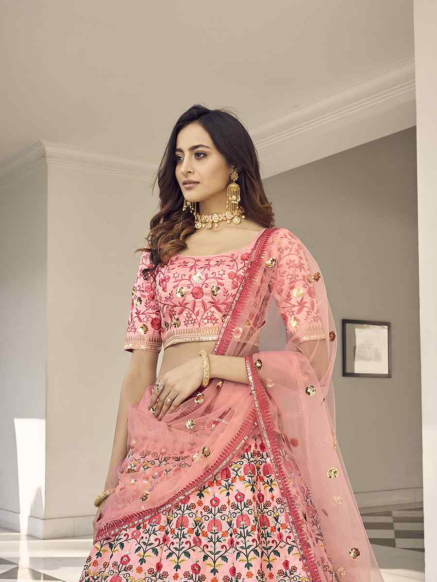 Pink Art Silk Embroidered Bridal Reception Heavy Border Lehenga Choli