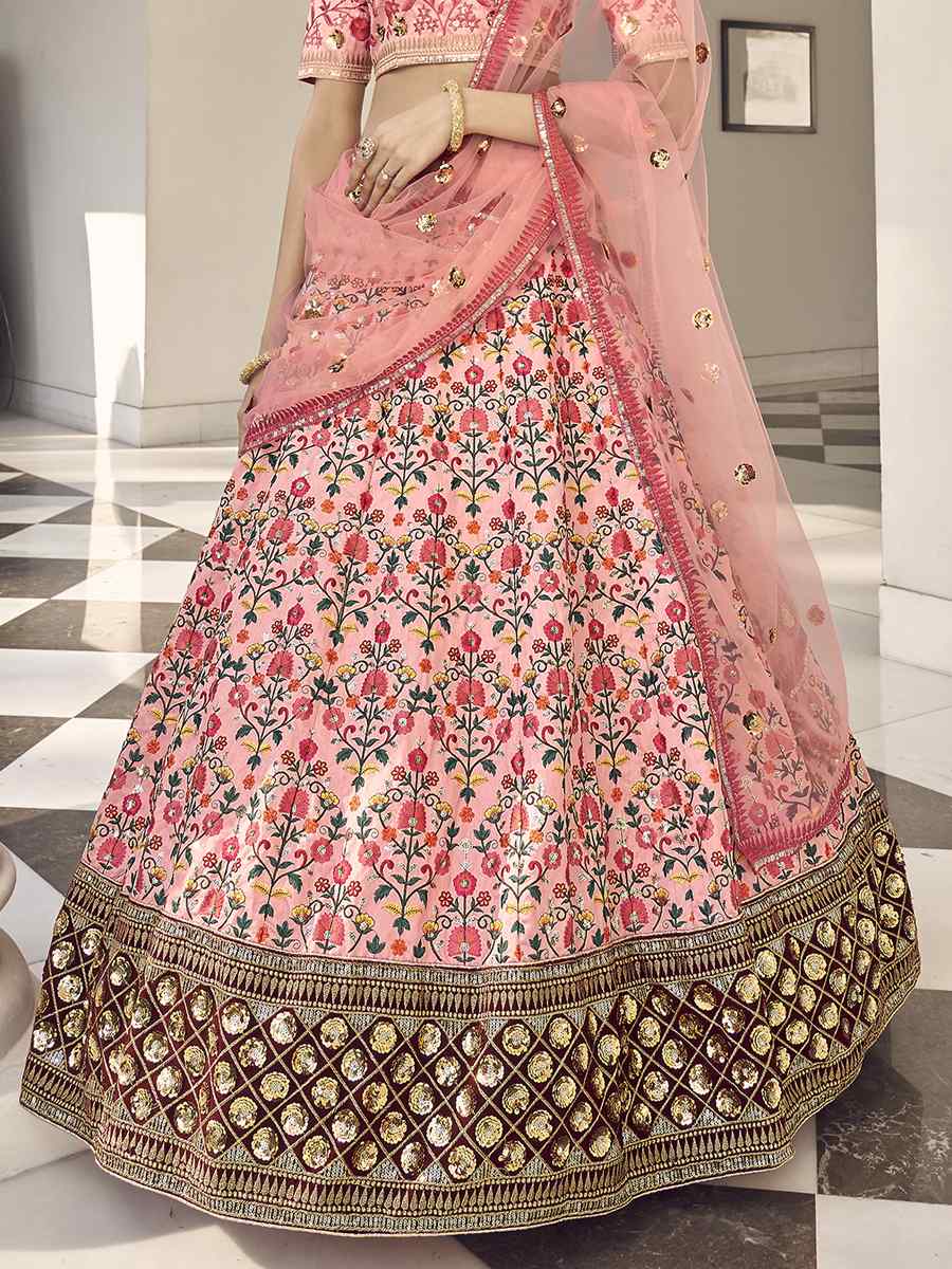 Pink Art Silk Embroidered Bridal Reception Heavy Border Lehenga Choli
